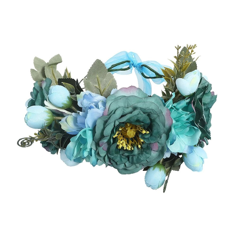 couronne de fleurs plastiques bleu 