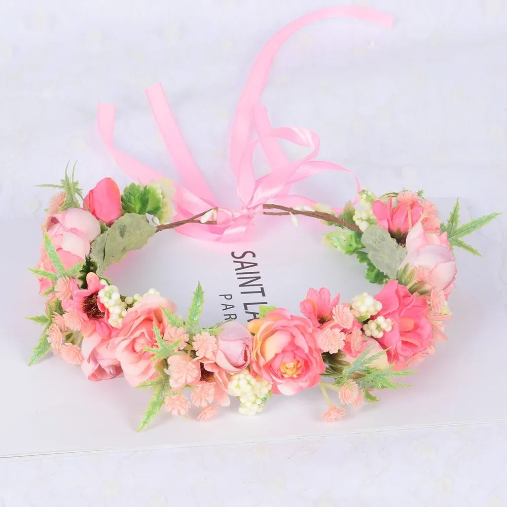 Couronne fleurs rosee