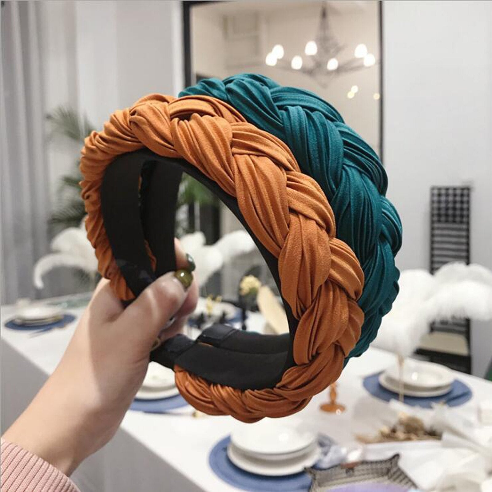 Serre tête tissu plissé bleu turquoise