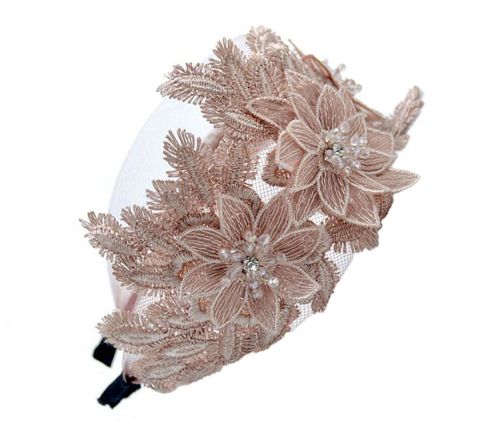 Serre tête broderies fleurs et perles roses claires